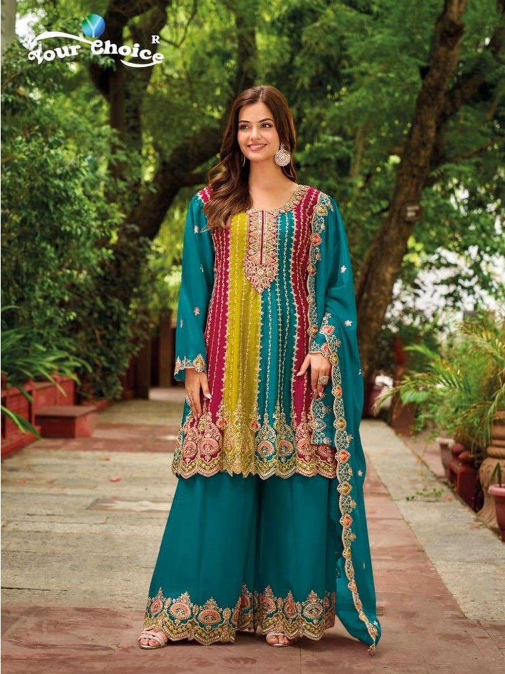 Teal Anarkali Palazzo Set w/ Dupatta | Embroidered Zari Ethnic - Picture 16 of 16